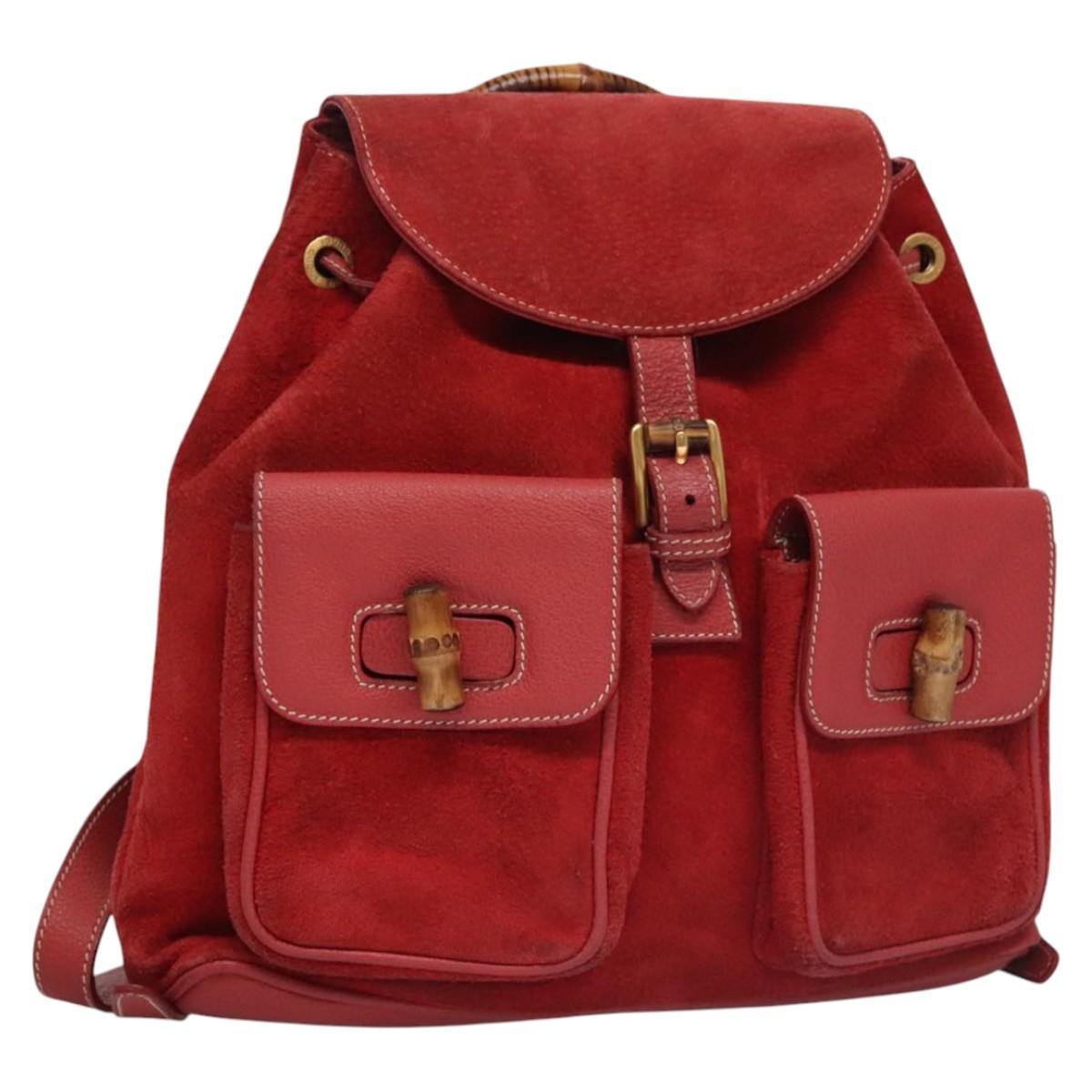 Gucci Vintage Bamboo Backpack Suede and Leather, Red, Suede, Backpack