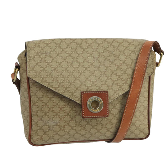 Celine Vintage Macadam Circle Logo Shoulder Bag Canvas and Leather, BEIGE, CANVAS, Shoulder bag
