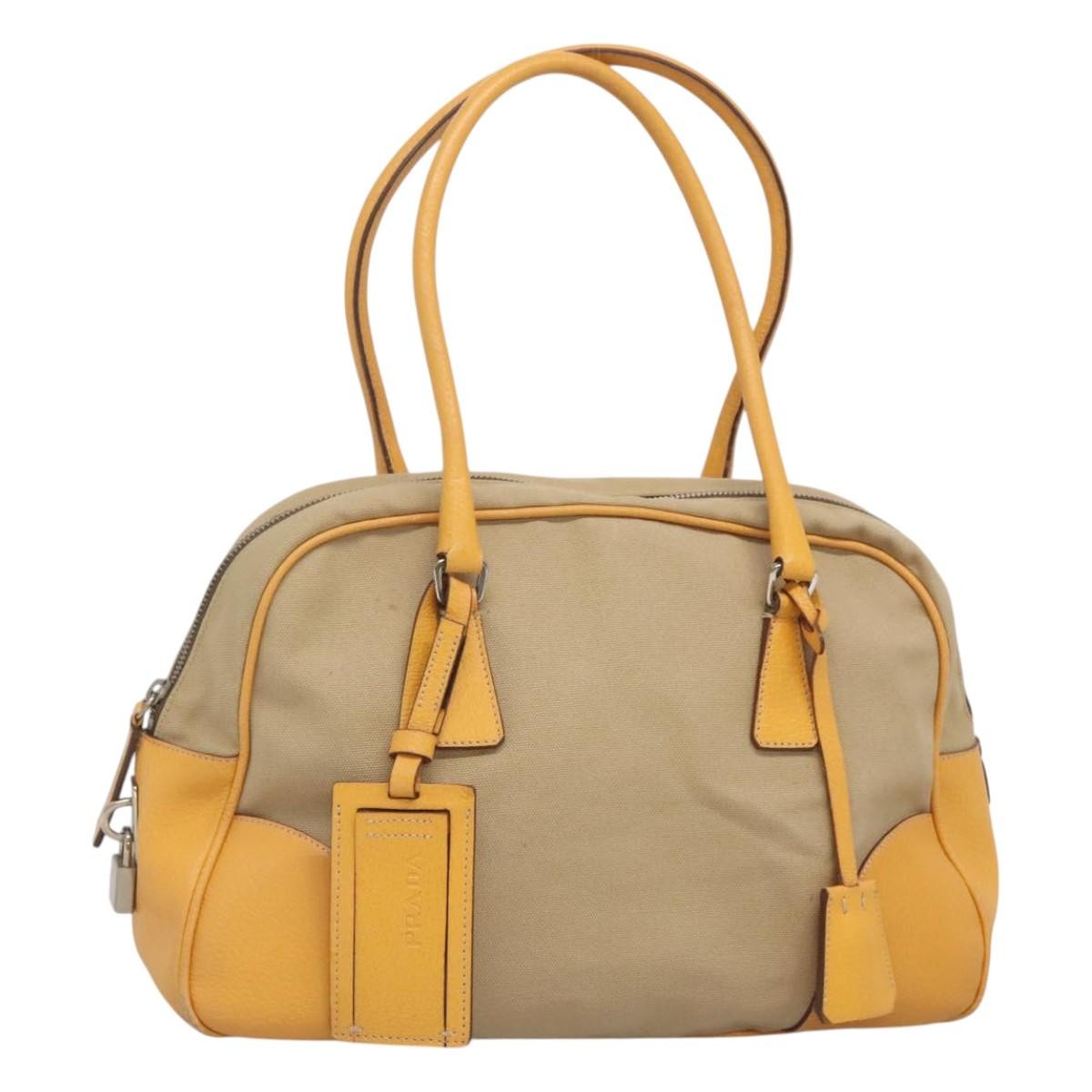 Prada Bauletto Bag Canvas with Leather, BEIGE, CANVAS, Handbag