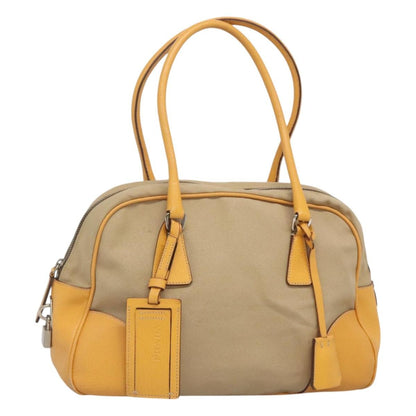 Prada Bauletto Bag Canvas with Leather, BEIGE, CANVAS, Handbag
