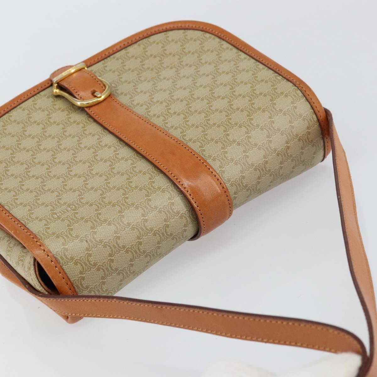 Celine Vintage Macadam Shoulder Bag Canvas and Leather, BEIGE, CANVAS, Shoulder bag