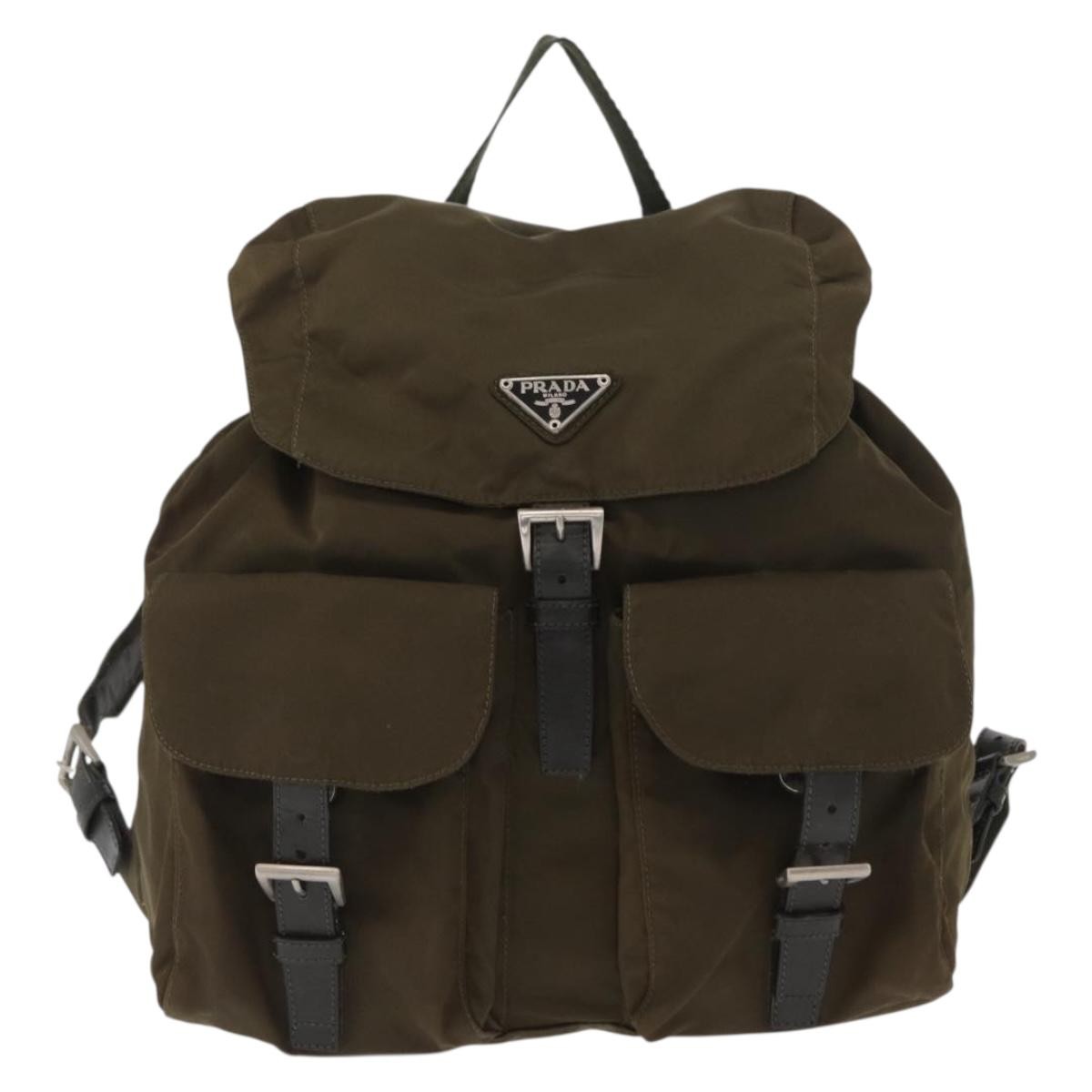 Prada Vela Double Front Pocket Backpack Tessuto with Saffiano Leather, KHAKI, NYLON, Backpack