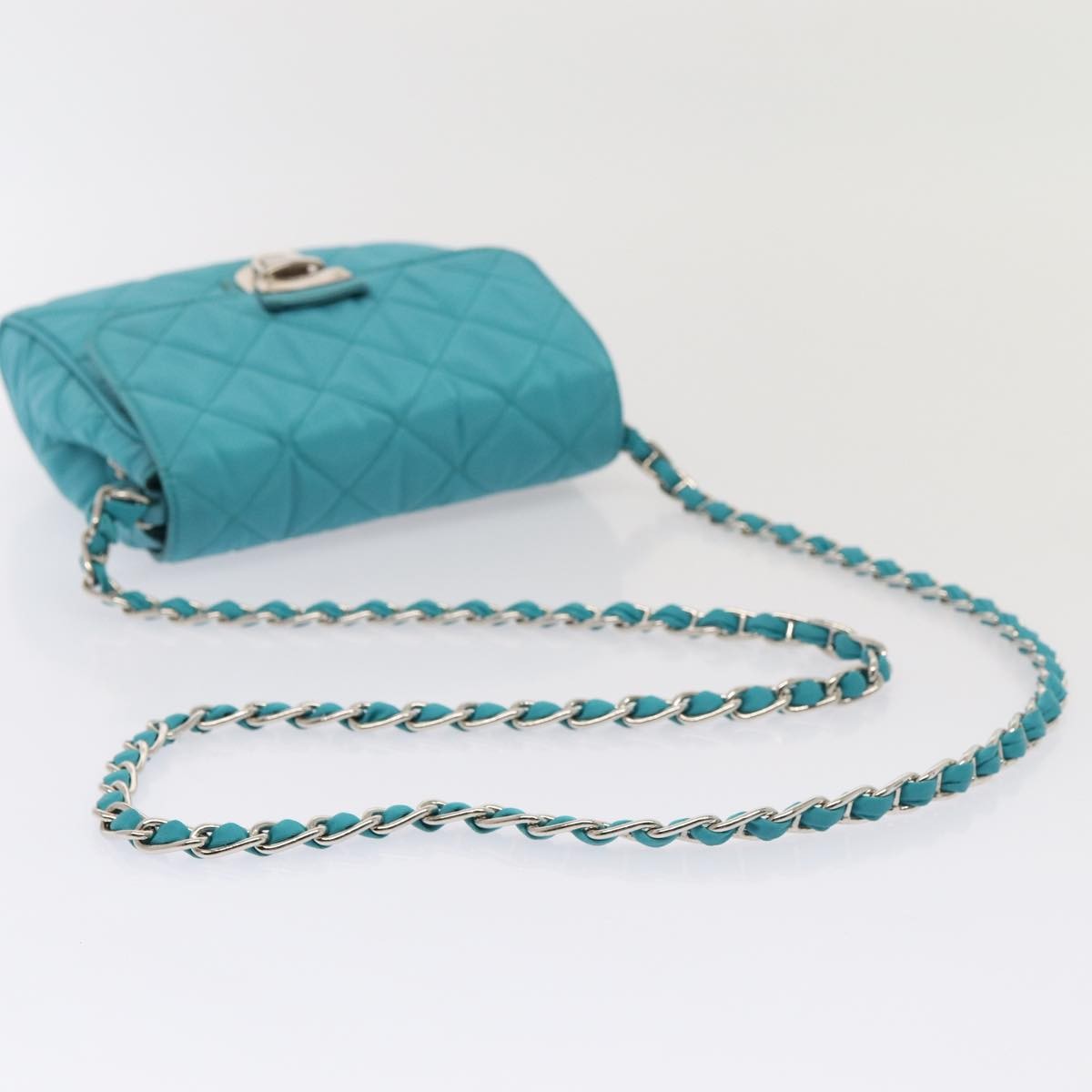 Prada Pushlock Chain Flap Bag Quilted Tessuto, Turquoise, Nylon, Shoulder Bag