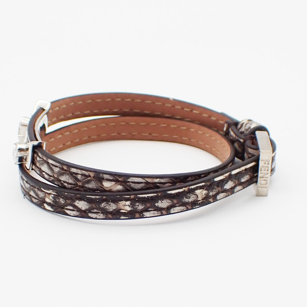 Fendi Selleria Monster Bracelet Leather with Metal Detail, BROWN, LEATHER, Bracelet