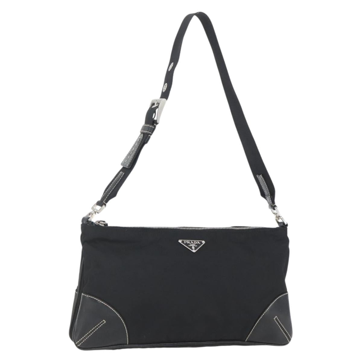 Prada Belted Shoulder Bag Tessuto with Leather, BLACK, NYLON, Shoulder bag
