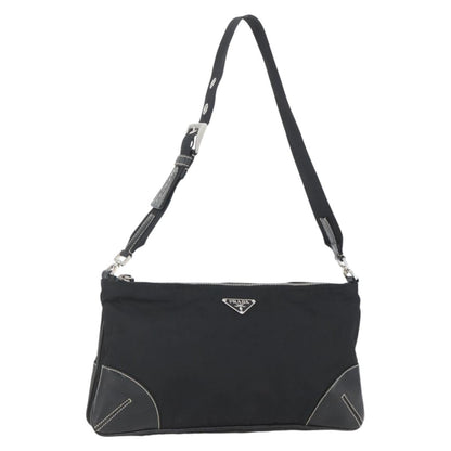 Prada Belted Shoulder Bag Tessuto with Leather, BLACK, NYLON, Shoulder bag