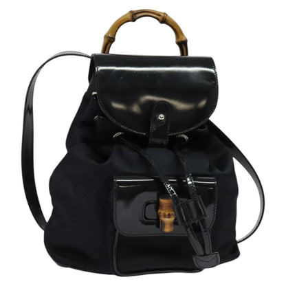 Gucci Vintage Bamboo Backpack Nylon and Patent Leather, BLACK, NYLON, Backpack
