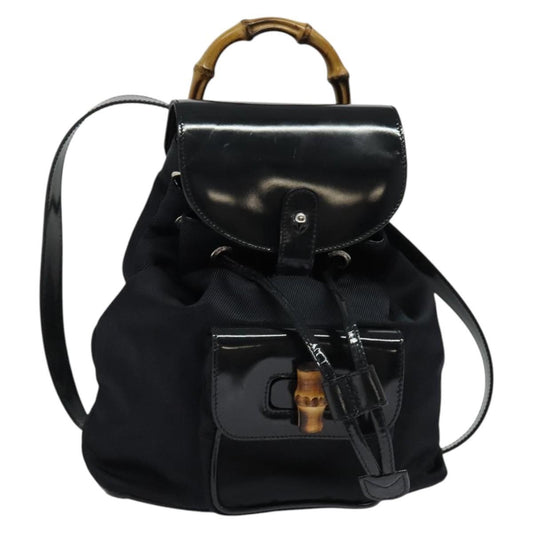 Gucci Vintage Bamboo Backpack Nylon and Patent Leather, BLACK, NYLON, Backpack