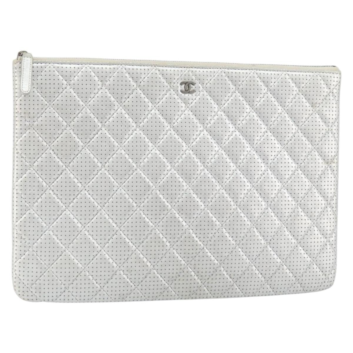 Chanel O Case Clutch Quilted Perforated Lambskin, SILVER, LEATHER, Clutche & pouche