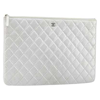 Chanel O Case Clutch Quilted Perforated Lambskin, SILVER, LEATHER, Clutche & pouche