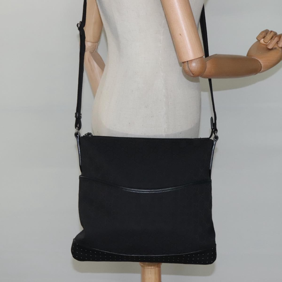 Gucci Zip Messenger Bag GG Canvas with Perforated Leather, BLACK, CANVAS, Shoulder bag