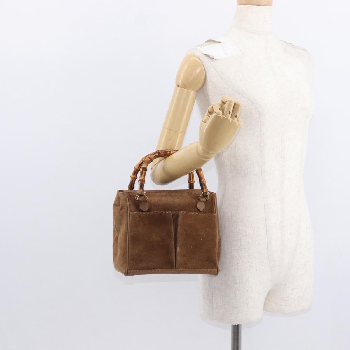 Gucci Vintage Bamboo Front Pocket Tote Suede, BROWN, SUEDE, Tote bag