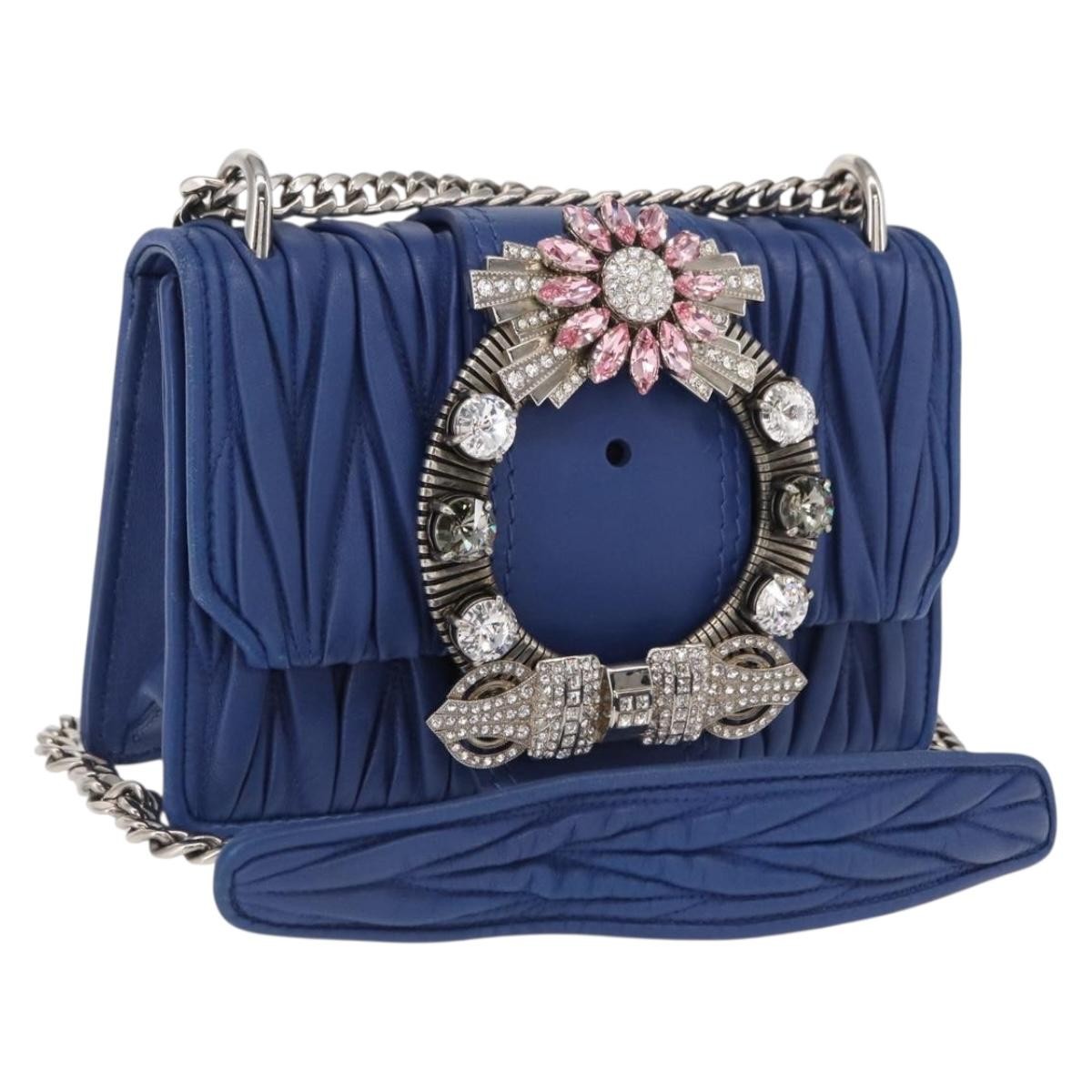 Miu Miu Madras Crystal Buckle Shoulder Bag Matelasse Leather, BLUE, LEATHER, Shoulder bag