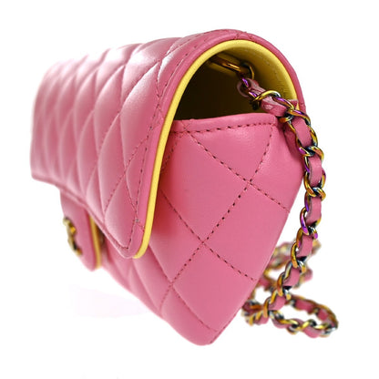 Chanel Classic Sunglasses Case with Chain Quilted Lambskin with Rainbow Hardware, PINK, LEATHER, Shoulder bag