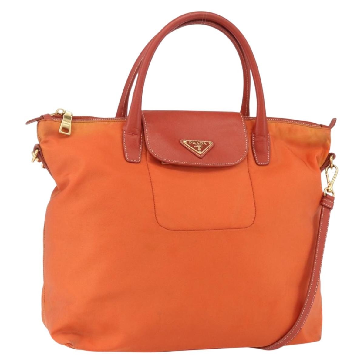 Prada Convertible Flap Tote Tessuto and Saffiano Leather, Orange, Nylon, Tote Bag