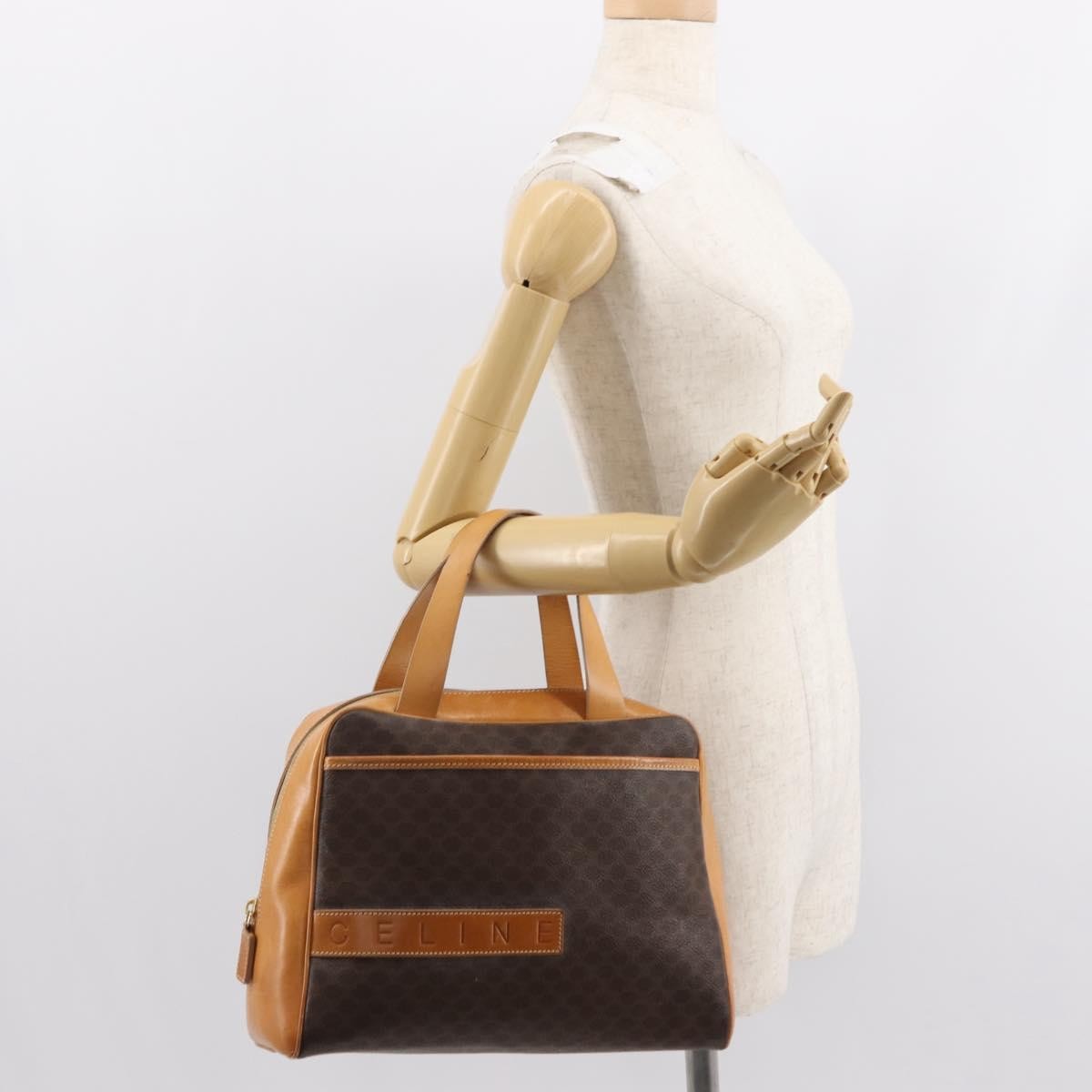 Celine Vintage Macadam Handbag Canvas and Leather, BROWN, CANVAS, Handbag