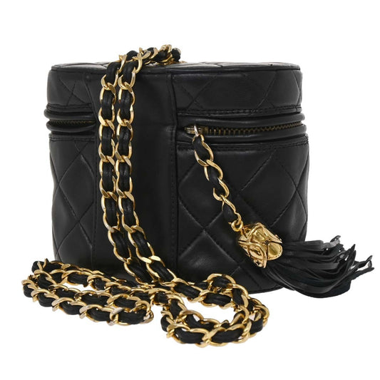 Chanel Vintage Box Zip Tassel Bag Quilted Lambskin, Black, Leather, Shoulder Bag