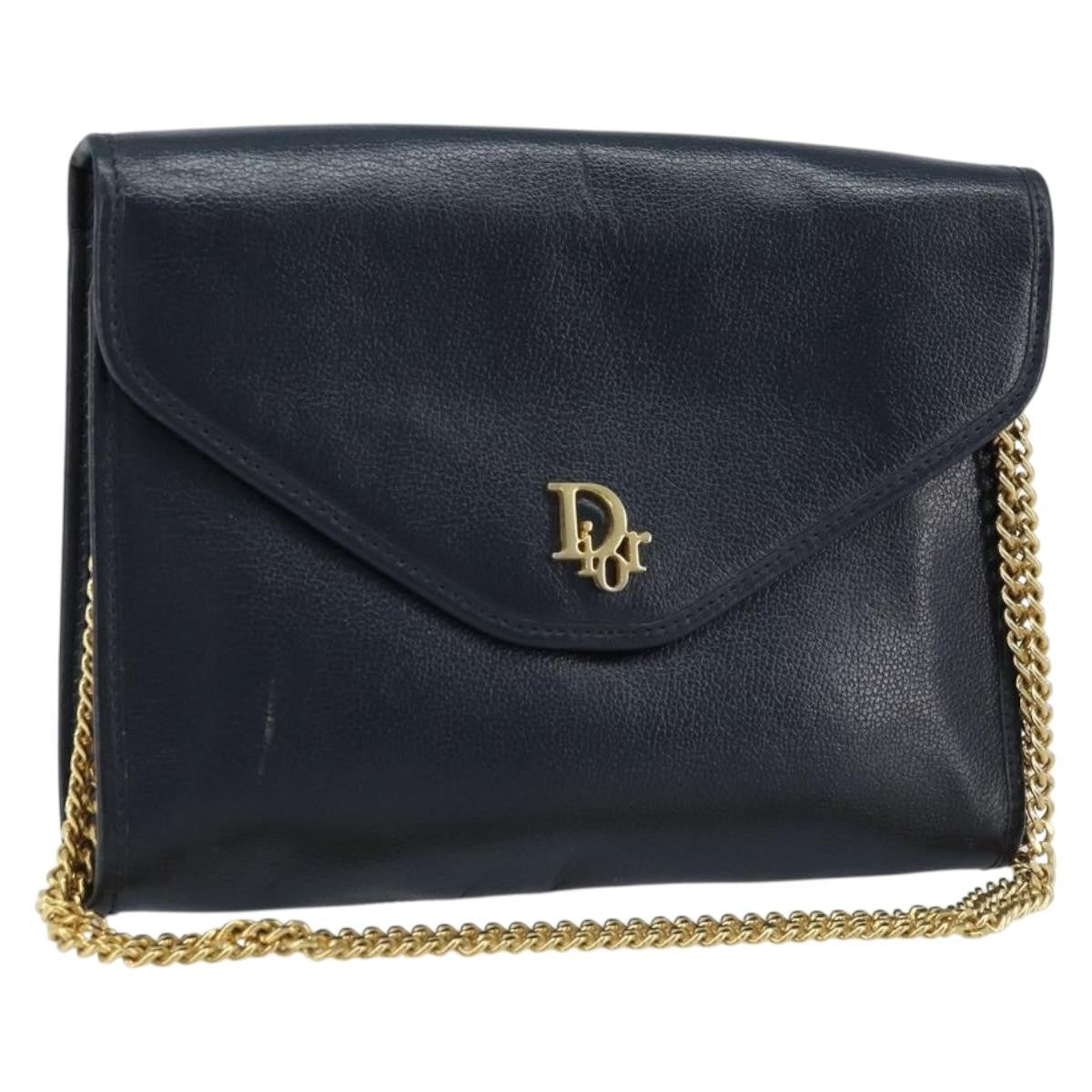 Christian Dior Vintage Chain Envelope Flap Bag Honeycomb Coated Canvas, NAVY, LEATHER, Shoulder bag