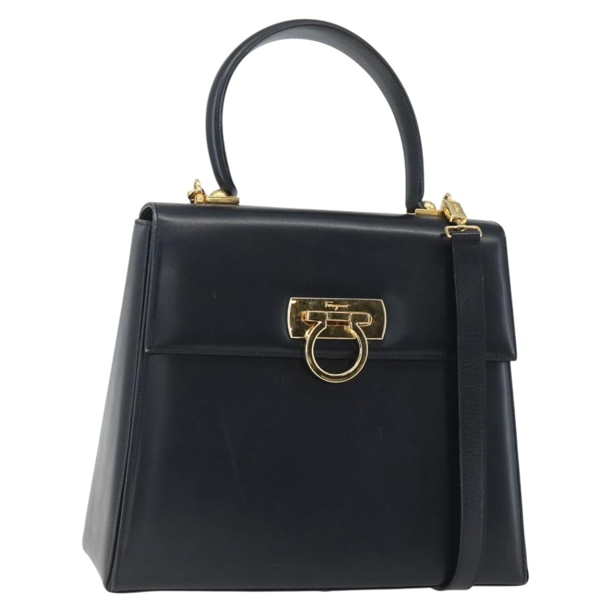 Salvatore Ferragamo Gancini Convertible Top Handle Bag Leather, NAVY, LEATHER, Handbag