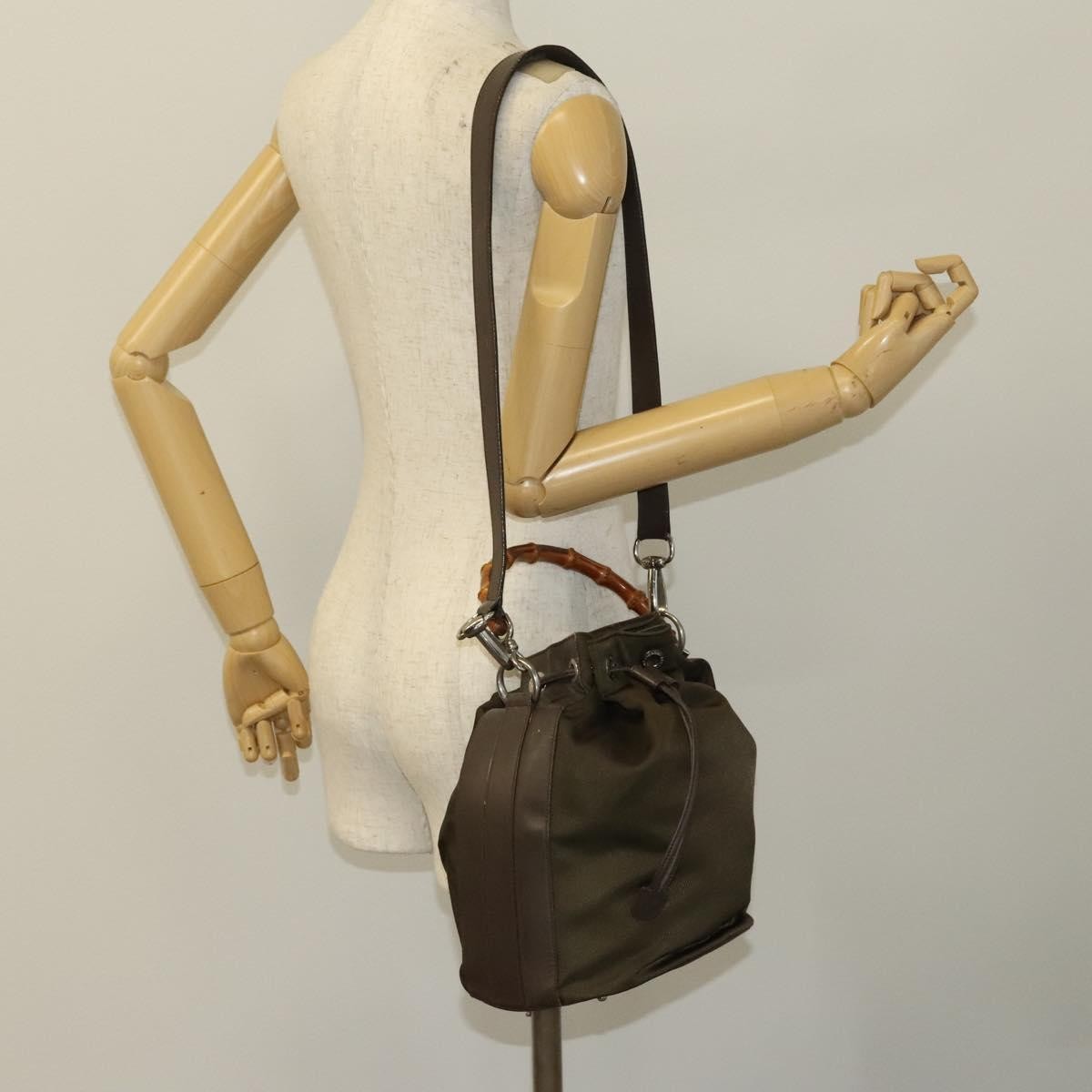 Gucci Vintage Bamboo Bucket Bag Nylon and Leather, BROWN, NYLON, Handbag