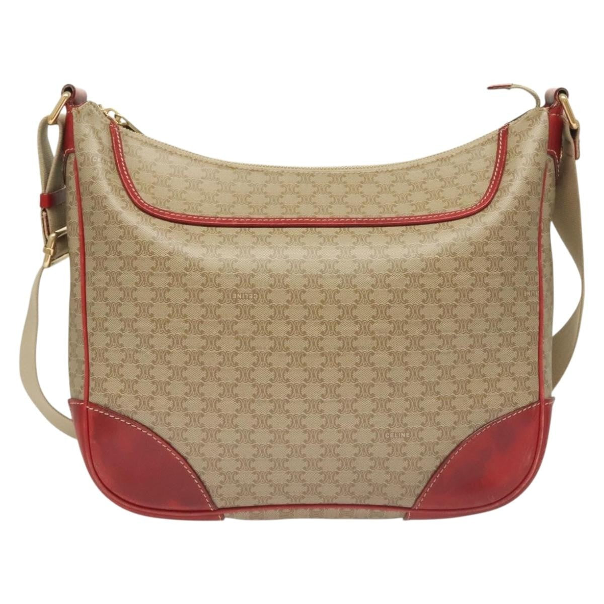 Celine Vintage Macadam Shoulder Bag Canvas and Leather, BEIGE, CANVAS, Shoulder bag