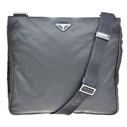 Prada Zip Top Messenger Bag Tessuto, BLACK, SYNTHETIC, Handbag