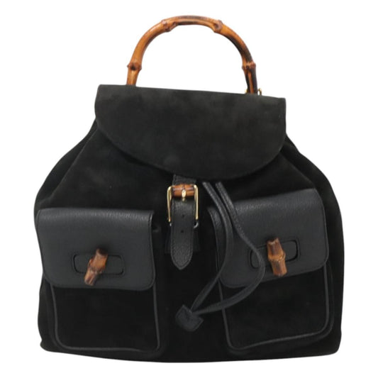 Gucci Vintage Bamboo Backpack Suede and Leather, Black, Suede, Backpack