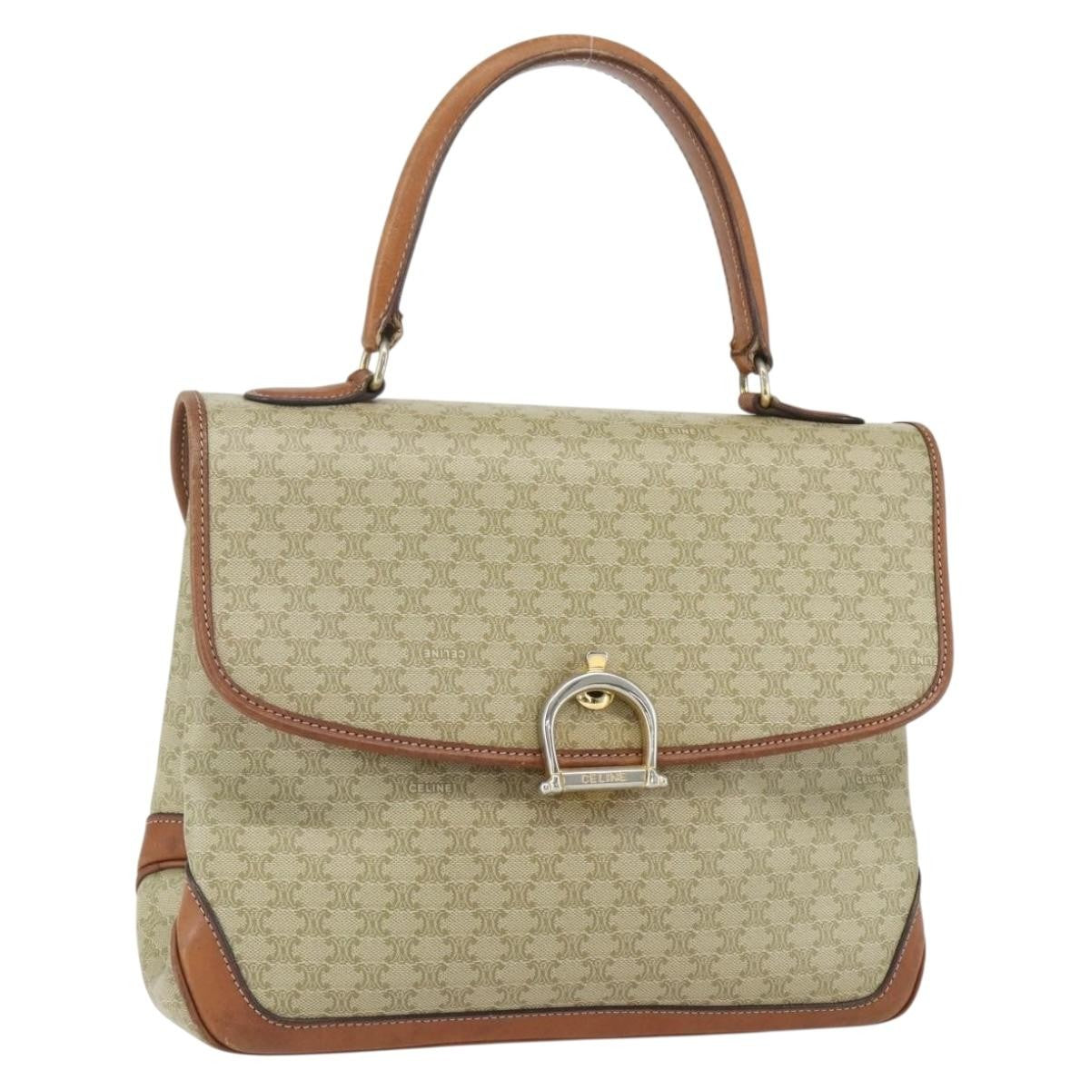 Celine Vintage Macadam Handbag Canvas and Leather, BEIGE, CANVAS, Handbag