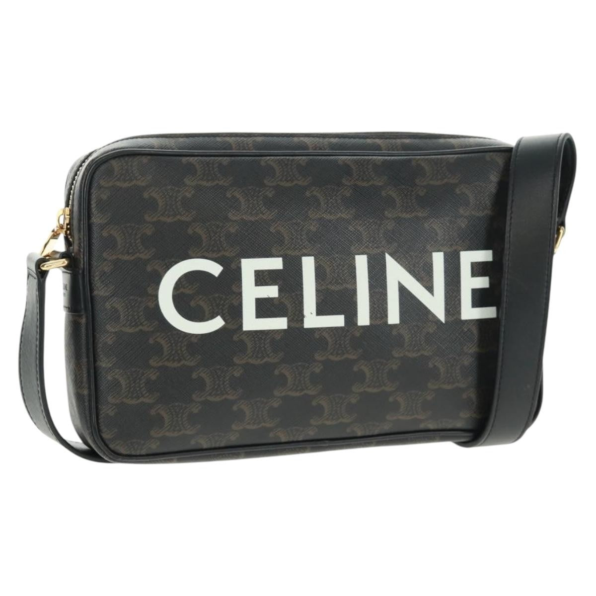 Celine Logo Messenger Bag Triomphe Coated Canvas, Black, PVC, Shoulder Bag