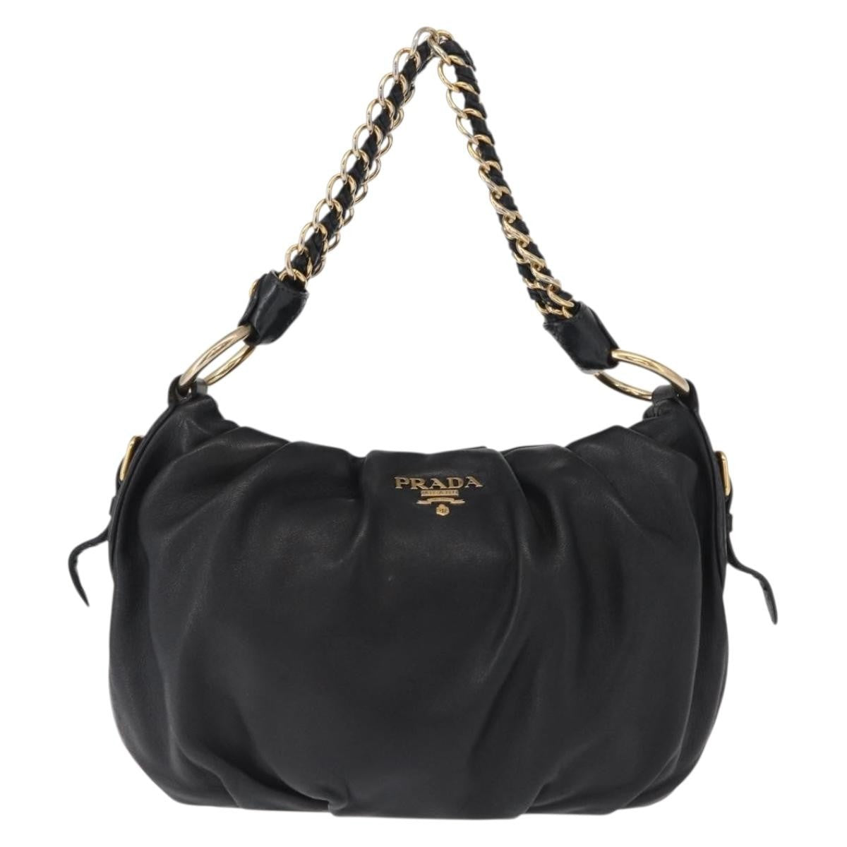 Prada Lux Chain Strap Hobo Soft Calf, BLACK, LEATHER, Shoulder bag