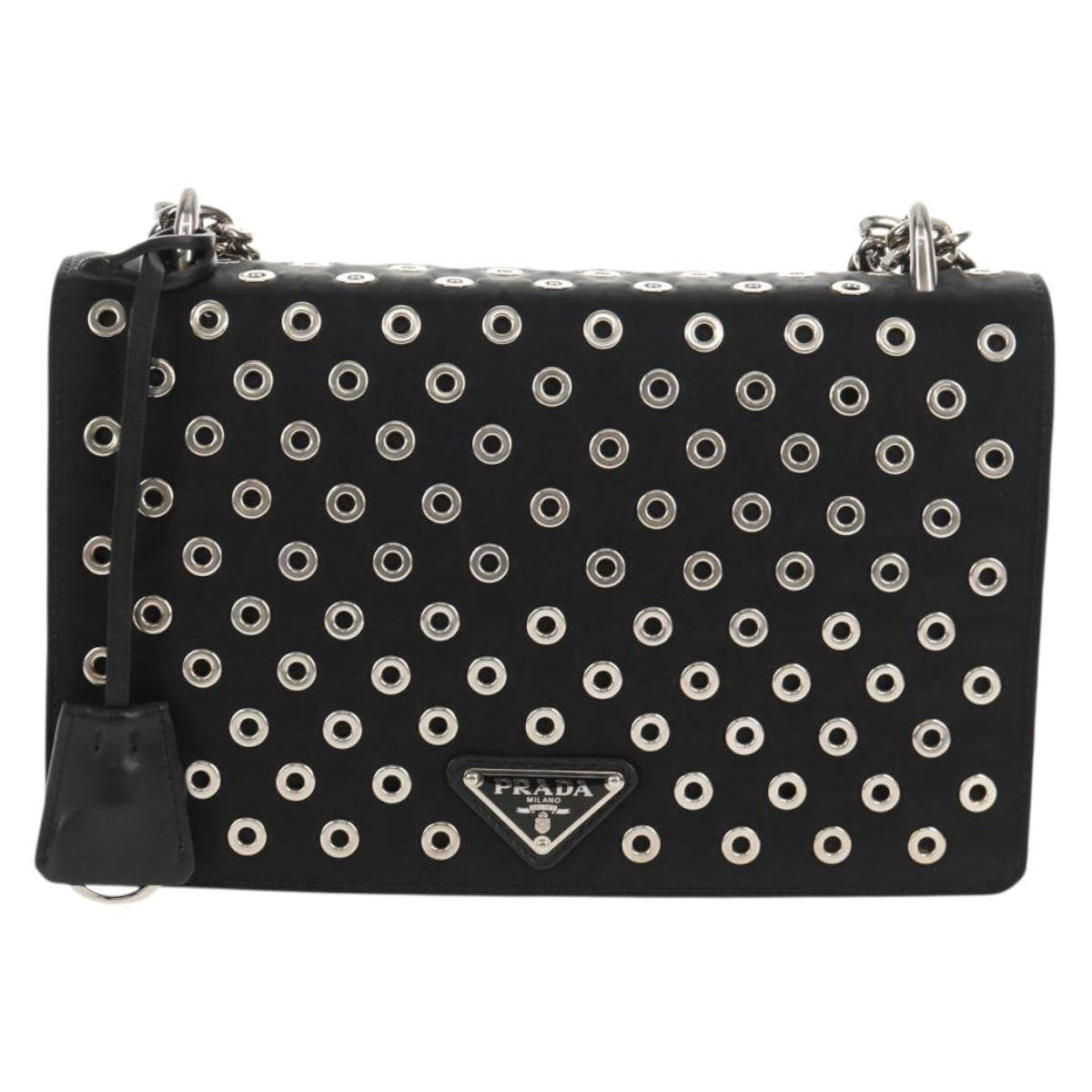 Prada Grommet Chain Flap Shoulder Bag Tessuto with Soft Calf, BLACK, NYLON, Shoulder bag