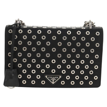 Prada Grommet Chain Flap Shoulder Bag Tessuto with Soft Calf, BLACK, NYLON, Shoulder bag