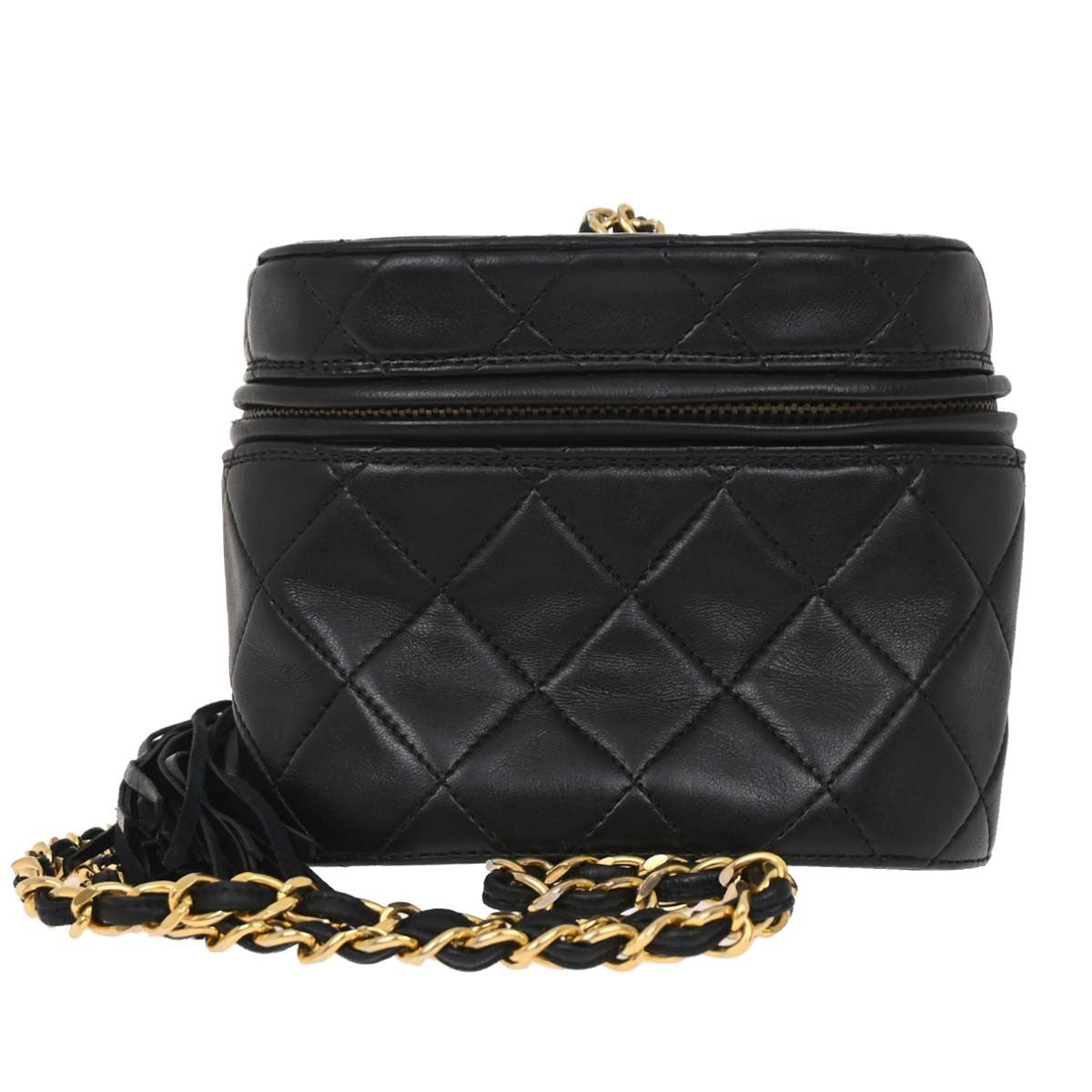 Chanel Vintage Box Zip Tassel Bag Quilted Lambskin, Black, Leather, Shoulder Bag