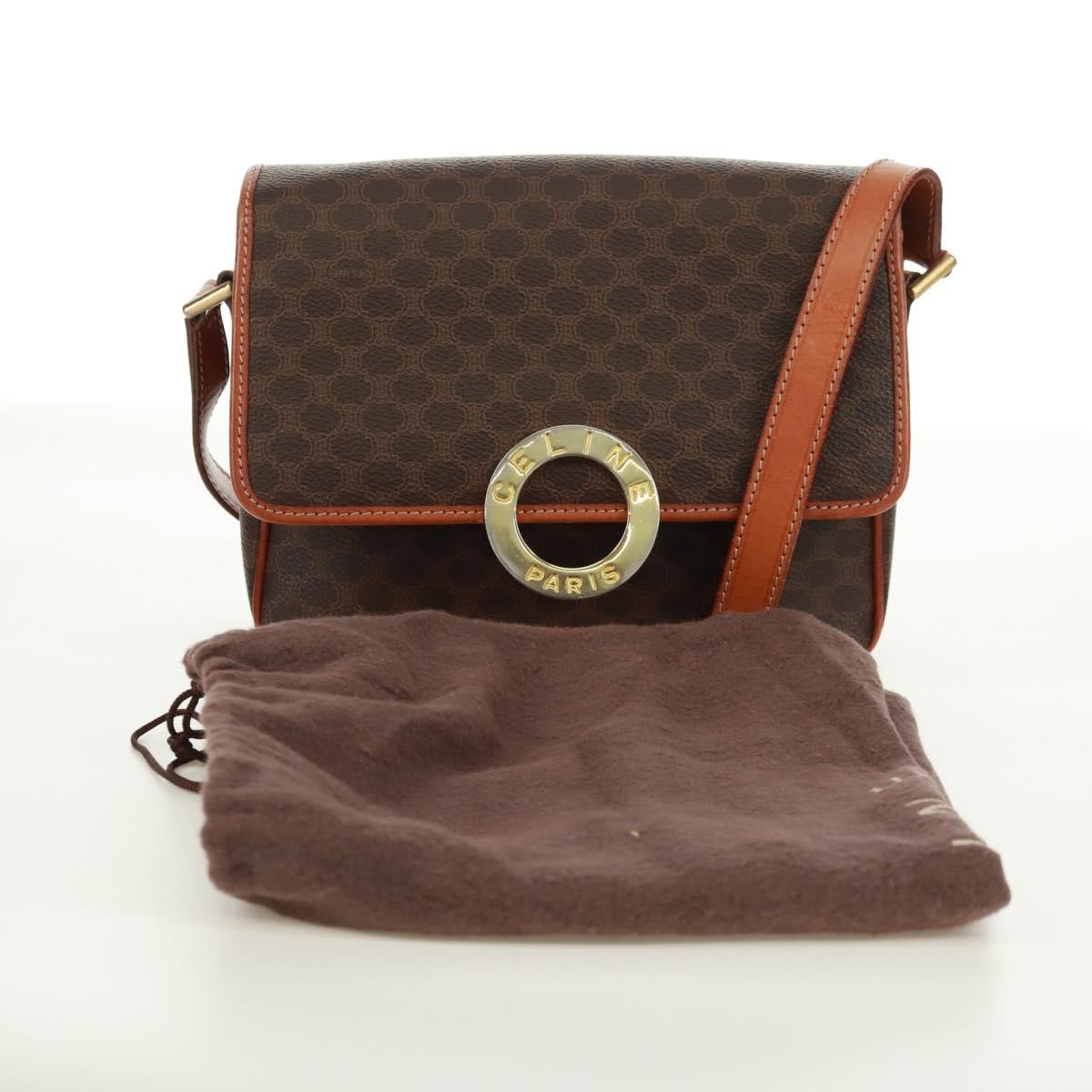 Celine Vintage Macadam Circle Logo Shoulder Bag Canvas and Leather, BROWN, CANVAS, Shoulder bag