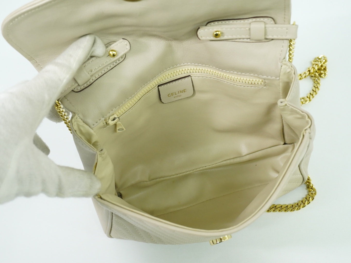 Celine Vintage Flap Shoulder Bag Quilted Leather, BEIGE, LEATHER, Shoulder bag