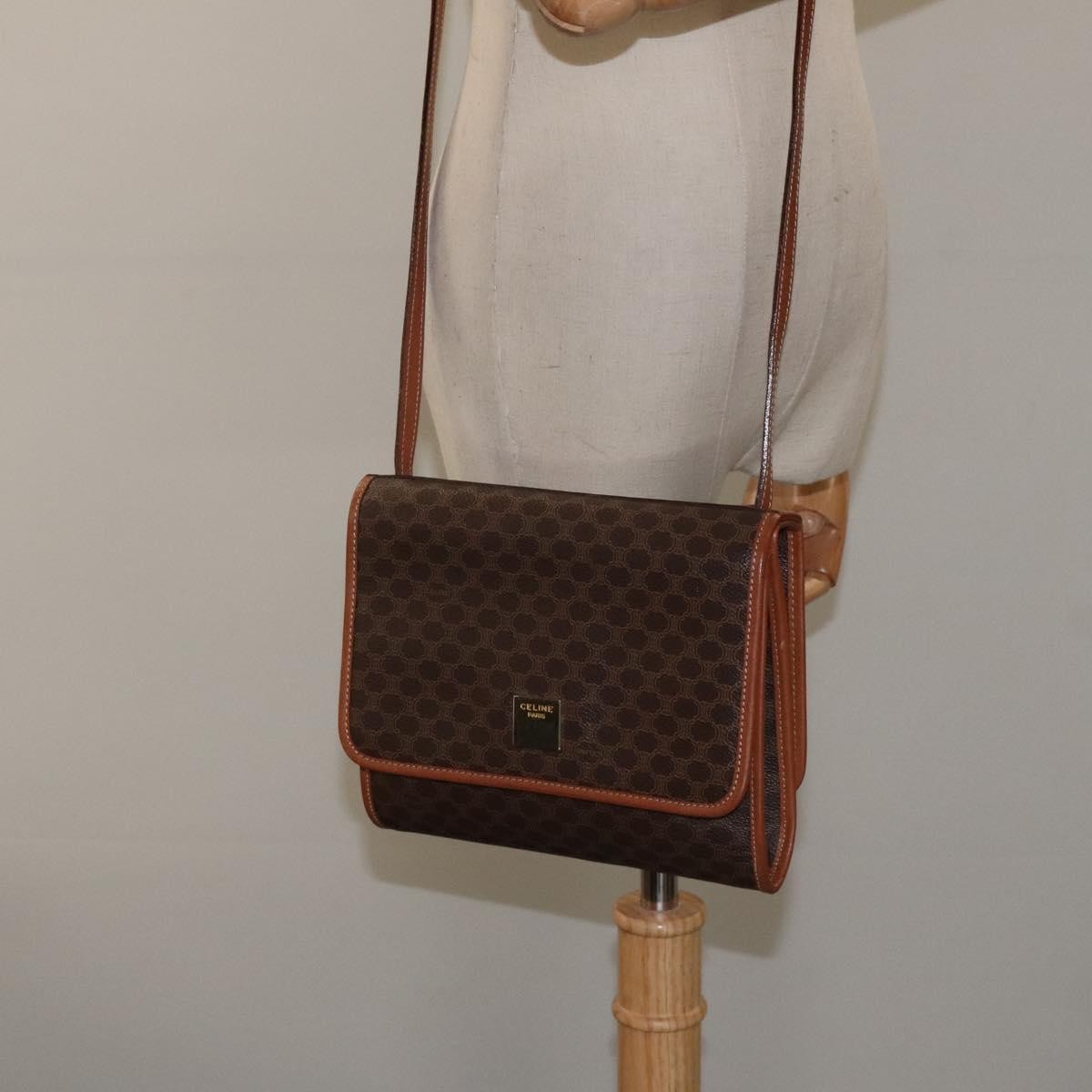Celine Vintage Macadam Shoulder Bag Canvas and Leather, Brown, Canvas, Shoulder Bag