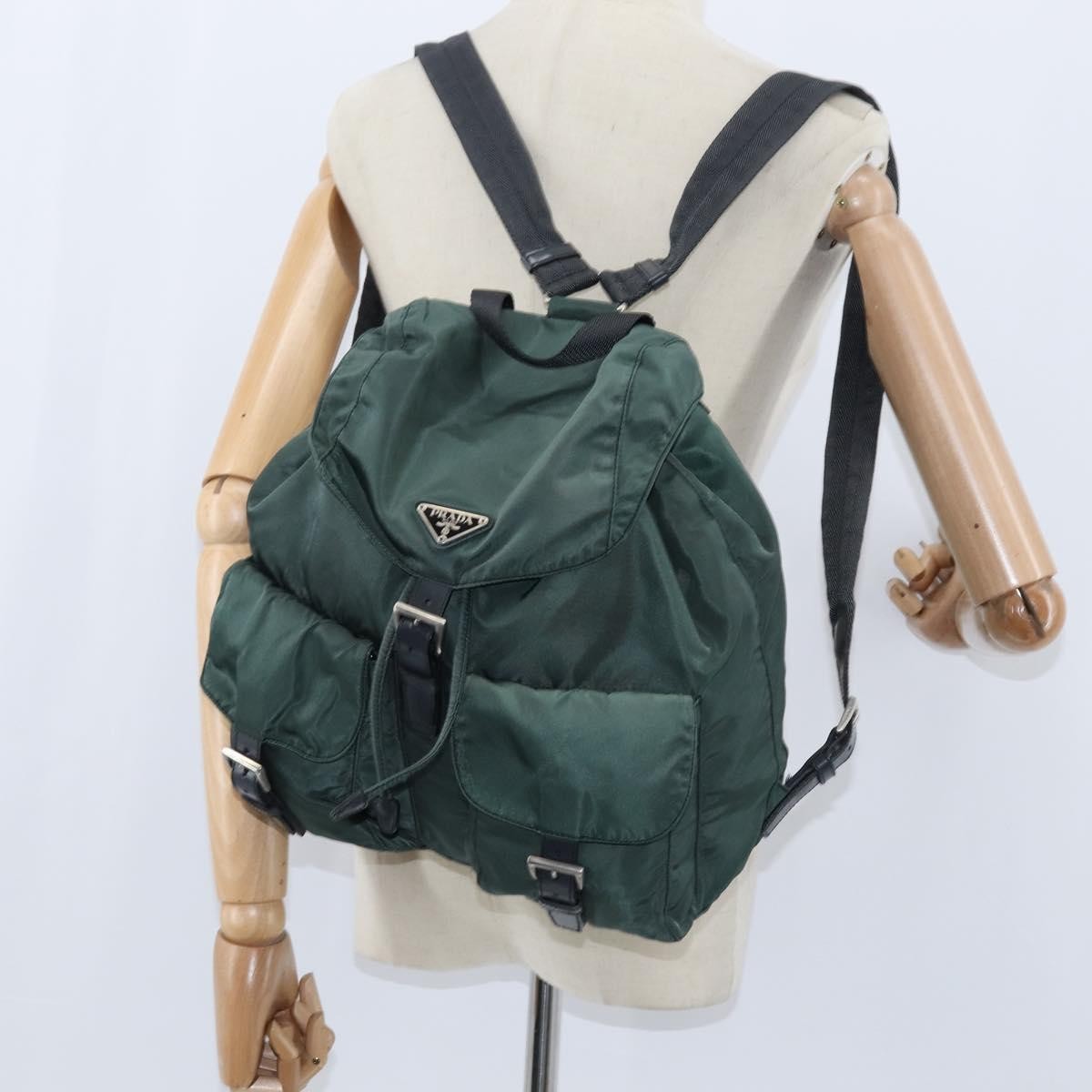 Prada Vela Double Front Pocket Backpack Tessuto with Saffiano Leather, Khaki, Nylon, Backpack