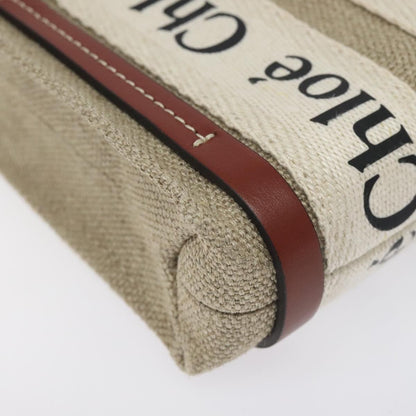 Chloe Woody Tote Canvas with Leather, BEIGE, CANVAS, Tote bag