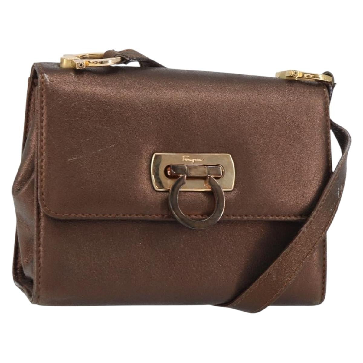 Salvatore Ferragamo Gancini Shoulder Bag Leather, GOLD, LEATHER, Shoulder bag