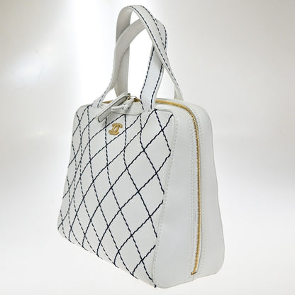 Chanel Surpique Zip Around Satchel Quilted Leather, WHITE, LEATHER, Handbag