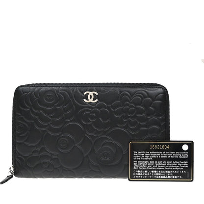 Chanel Camellia Zip Around Organizer Leather, Black, Leather, Wallet