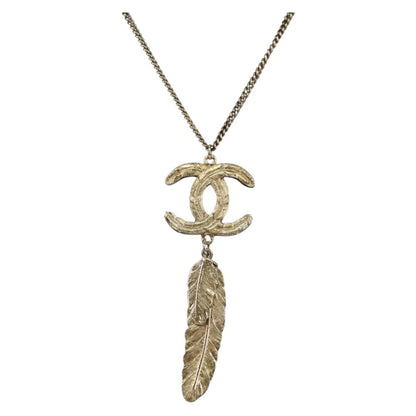 Chanel Feather CC Pendant Necklace Metal, Gold, Metal, Necklace