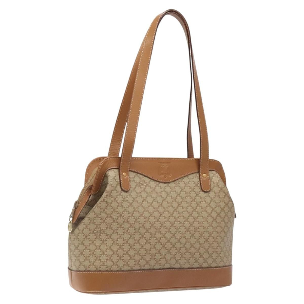 Celine Vintage Macadam Shoulder Bag Canvas and Leather, BEIGE, CANVAS, Shoulder bag