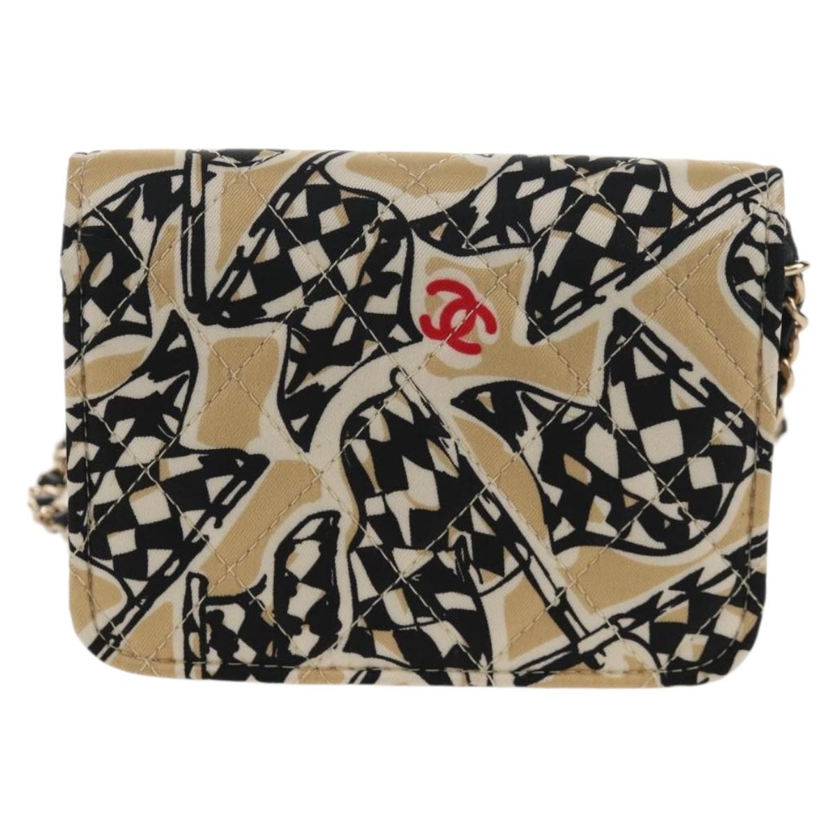 Chanel Flap Card Holder on Chain Quilted Printed Canvas, Beige, Satin, Clutch