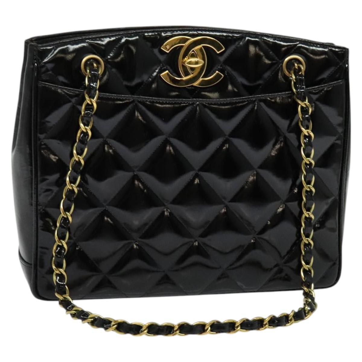 Chanel Vintage Chain Tote Quilted Patent, BLACK, LEATHER, Shoulder bag