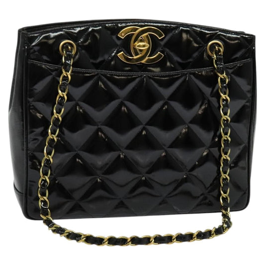 Chanel Vintage Chain Tote Quilted Patent, BLACK, LEATHER, Shoulder bag