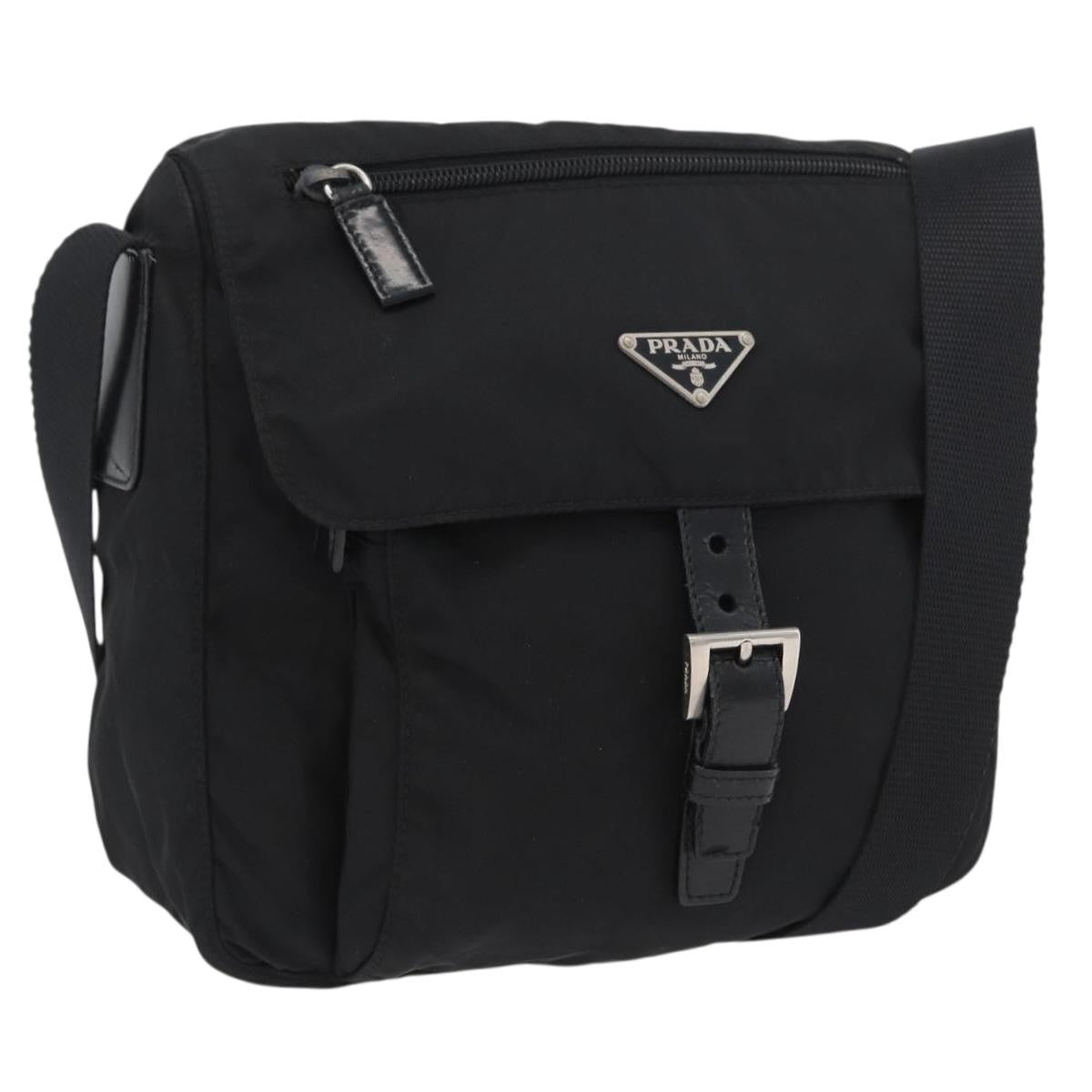 Prada Buckle Messenger Bag Tessuto, Black, Nylon, Shoulder Bag