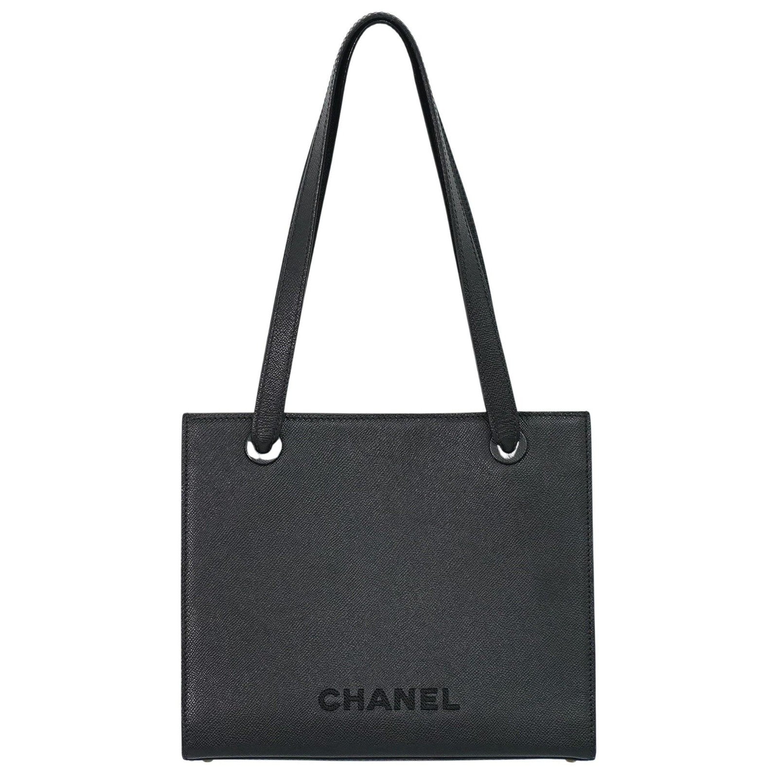 Chanel Vintage Logo Tote Leather, BLACK, LEATHER, Tote bag