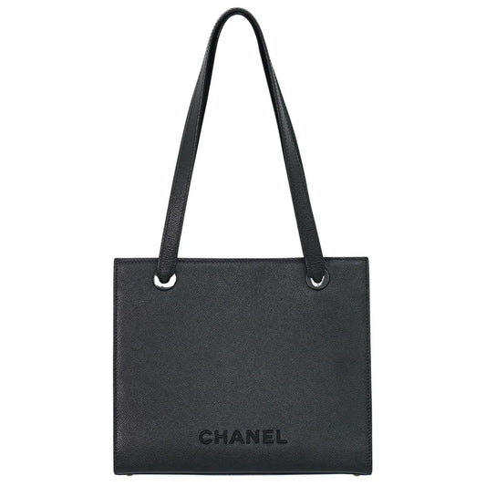 Chanel Vintage Logo Tote Leather, BLACK, LEATHER, Tote bag