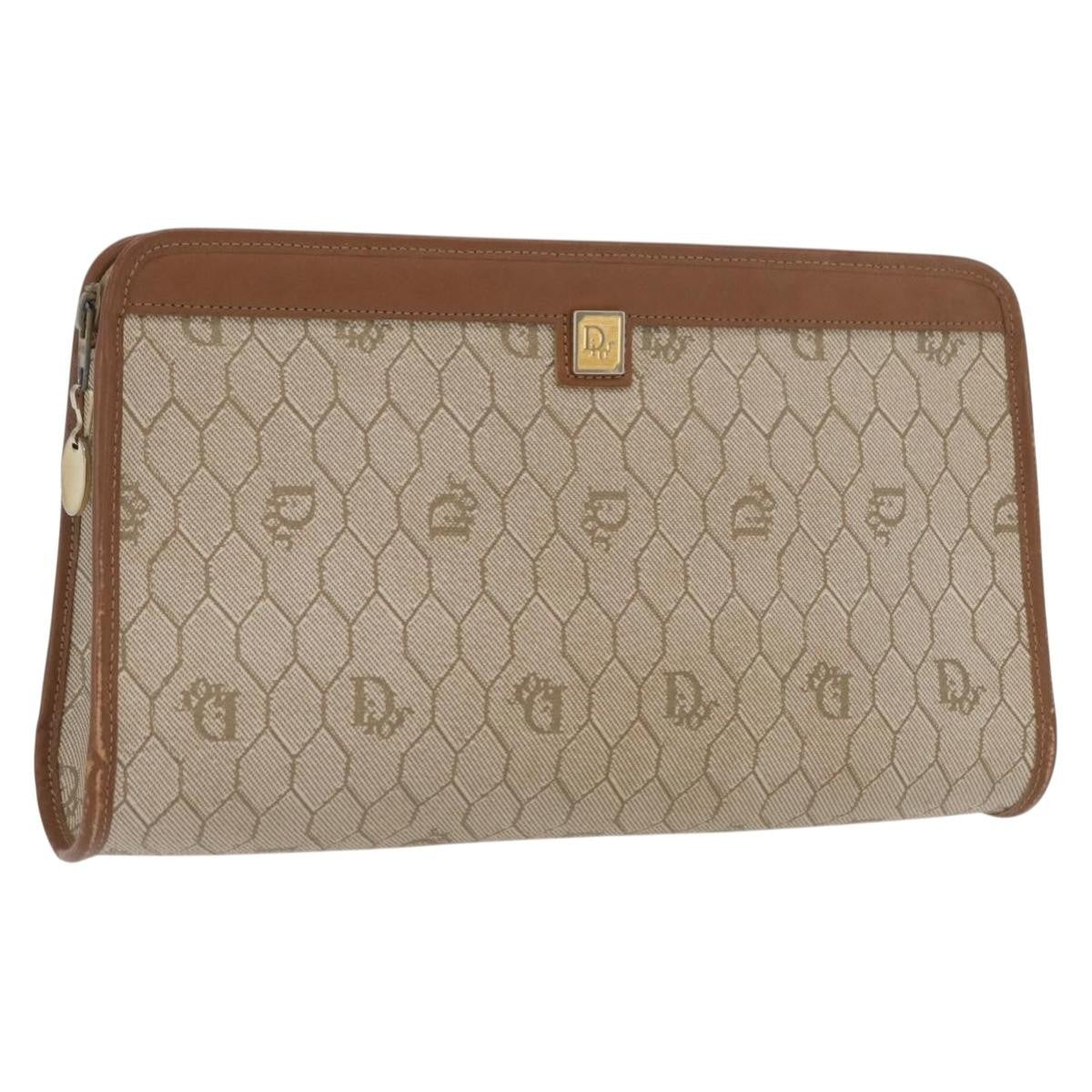 Christian Dior Vintage Honeycomb Zip Pouch Canvas and Leather, BEIGE, CANVAS, Clutche & pouche
